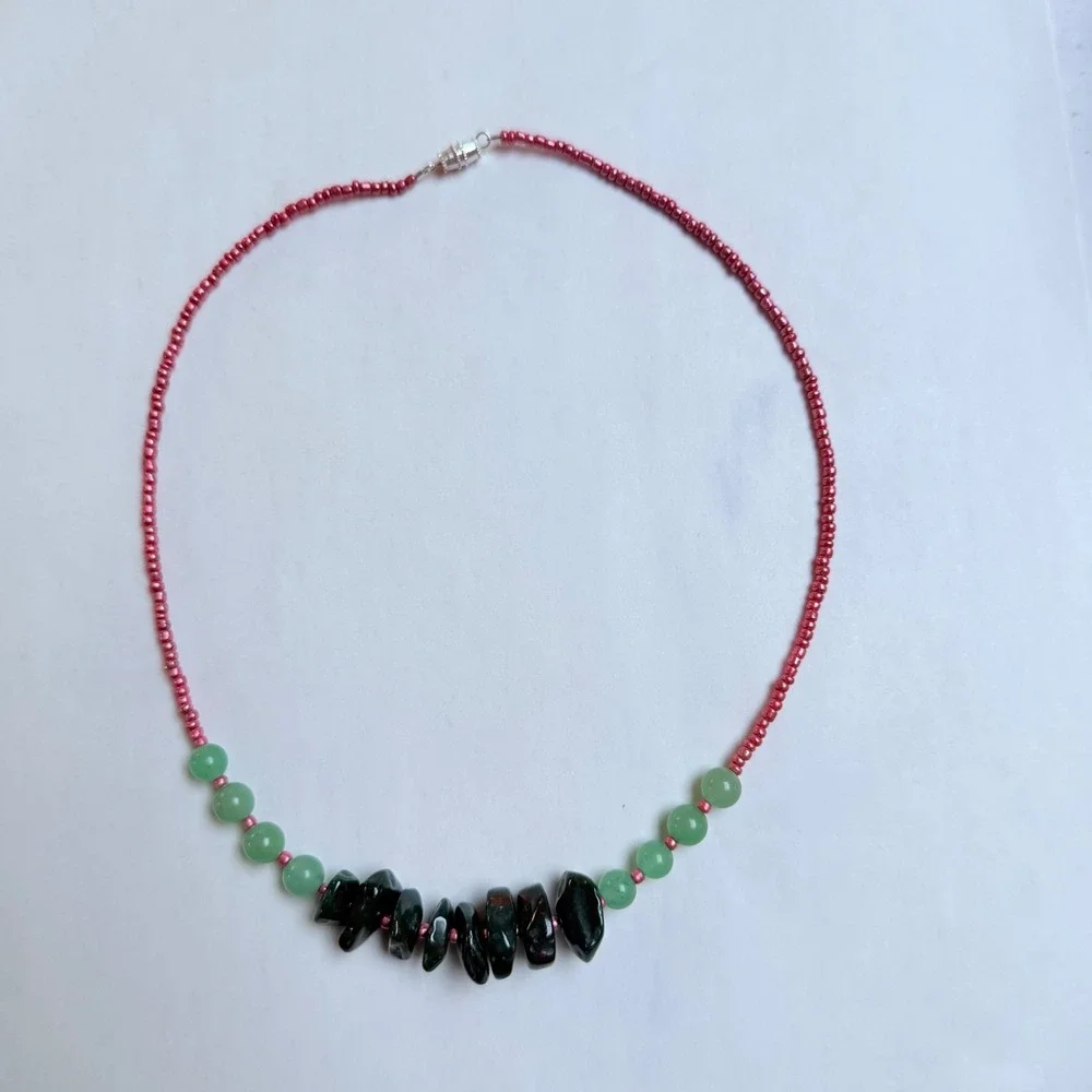 Handmade Beaded Stone Green Jade Necklace Pink Seed Beads 20 Inch Gift Holiday